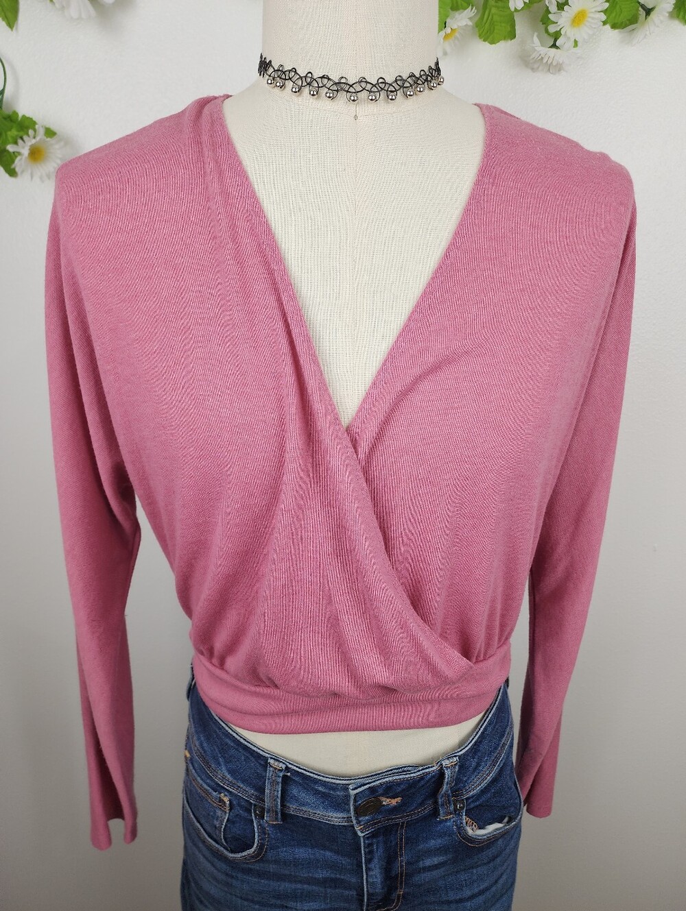 Forever 21 Pink Top Wrap-Front Long Sleeve Sweater Sz Large